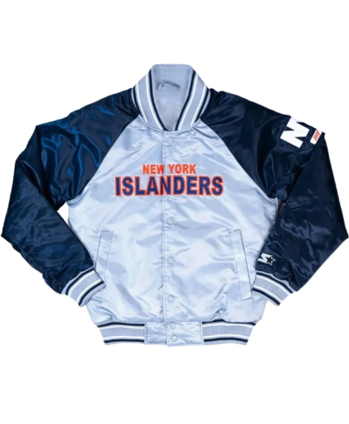 Youth NY Islanders Navy And Gray Satin Varsity Jacket