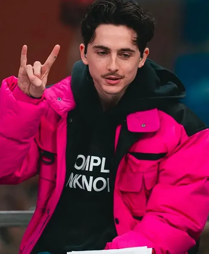 College Gameday Timothee Chalamet Pink Puffer Full Zip Jacket
