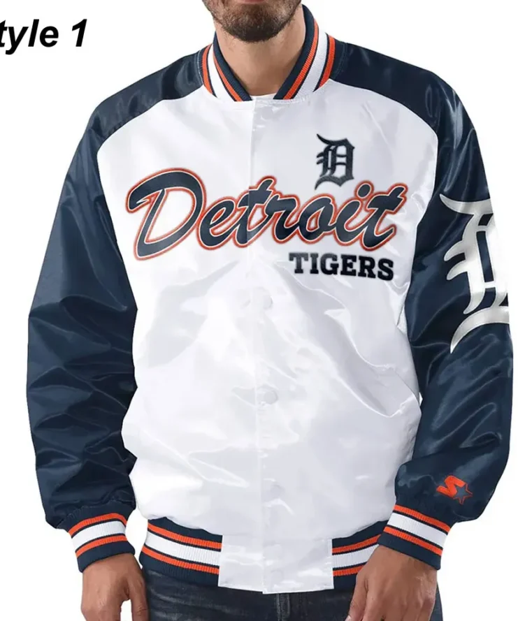 Detroit Tigers Blue And White Satin Jacket 1