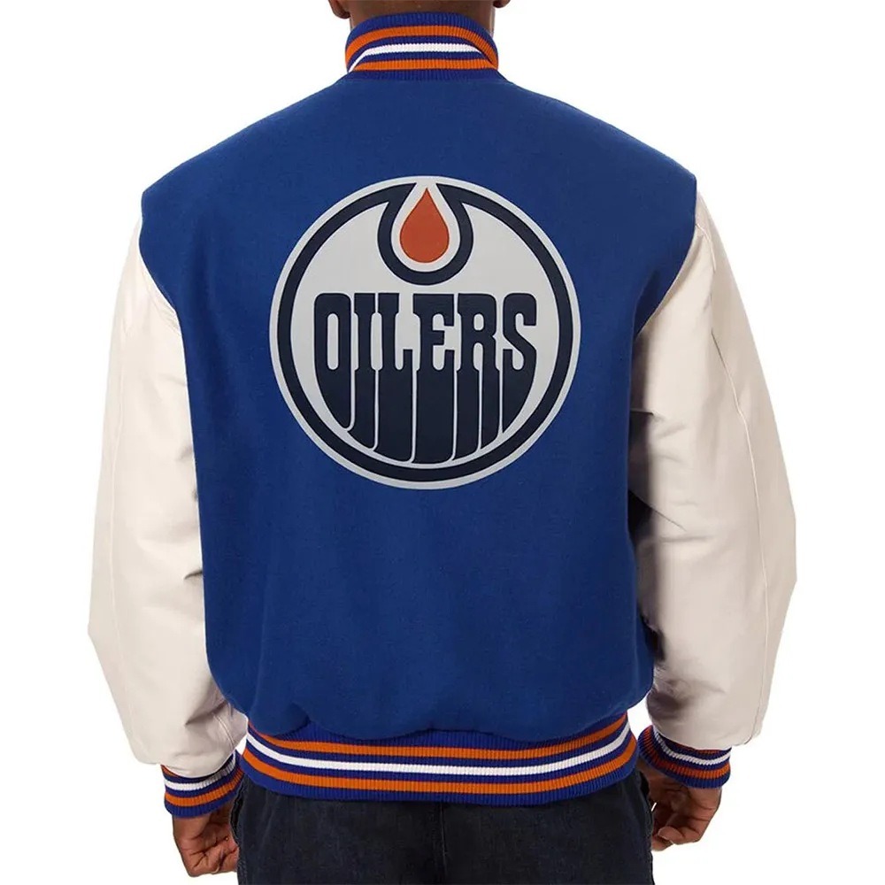 Edmonton Oilers Royal Blue And White Two Tone Varsity Jacket