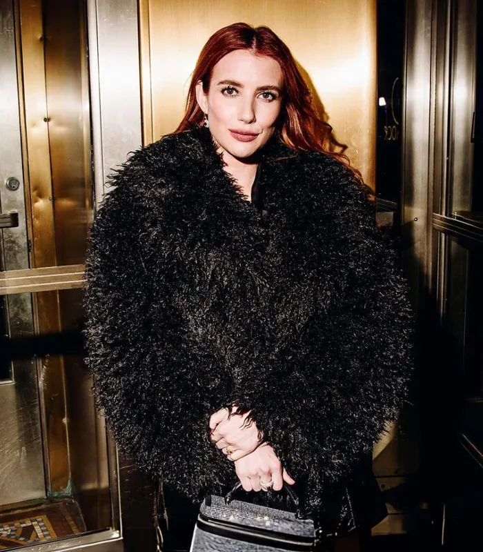 Emma Roberts Extremely Black Fluffy Fur Coat