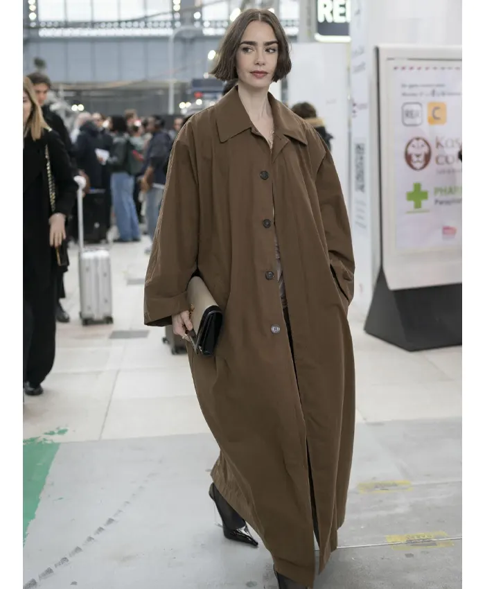 Lily Collins Oversized Austerlitz Train Station Brown Cotton Coat