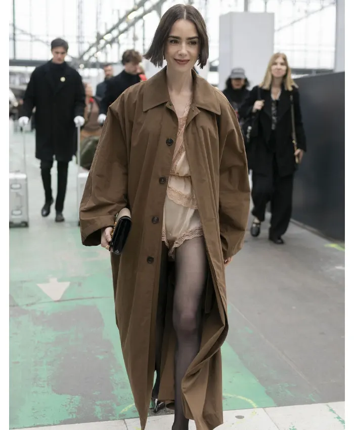 Lily Collins Oversized Brown Cotton Coat