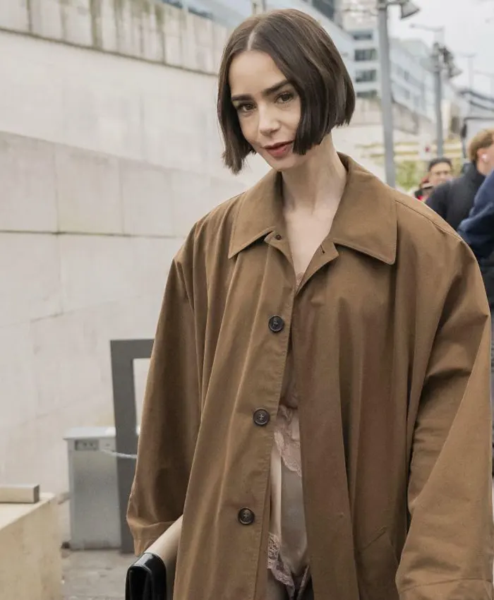 Lily Collins Oversized Train Brown Cotton Coat