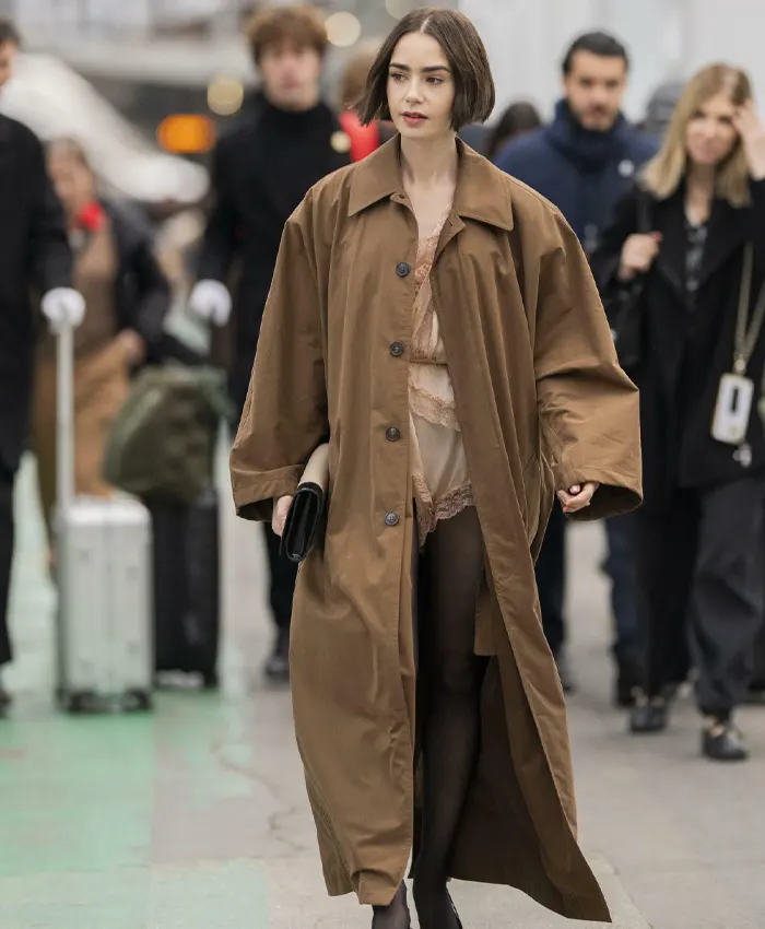 Lily Collins Oversized Train Station Brown Cotton Coat