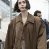 Lily Collins Train Station Brown Oversized Cotton Coat