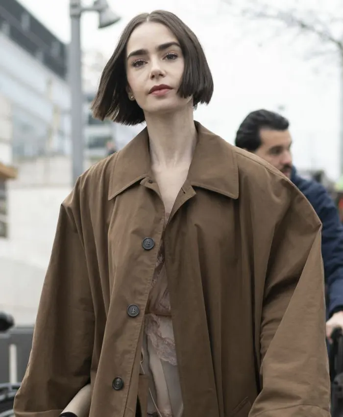 Lily Collins Train Station Brown Oversized Cotton Coat