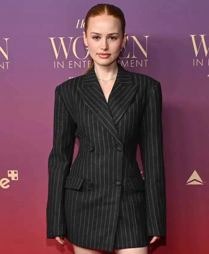 Madelaine Petsch 2025 Black Pinstripe Coat