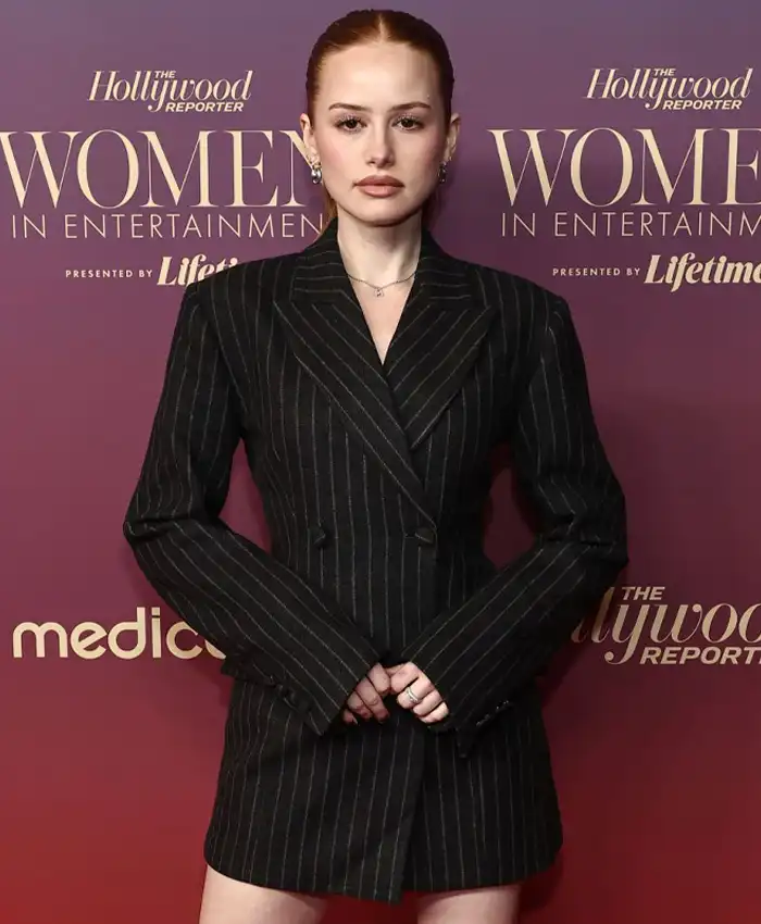 Madelaine Petsch Entertainment Gala 2025 Black Pinstripe Coat