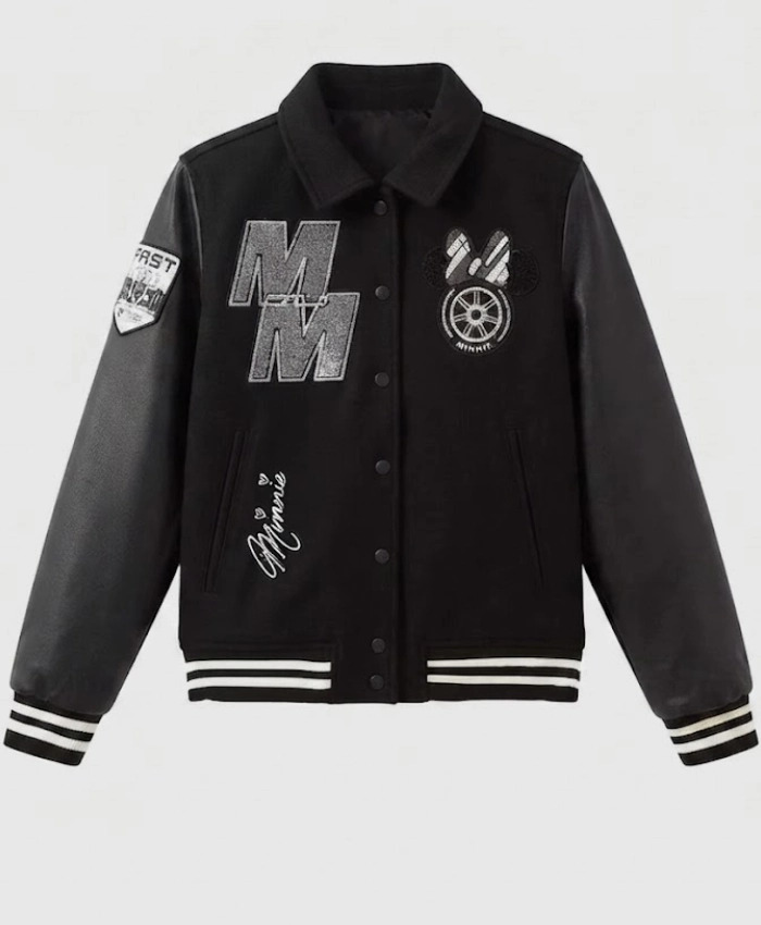 2026 Disney x Formula 1 Minnie Mouse Wool with Leather Black Varsity Jacket
