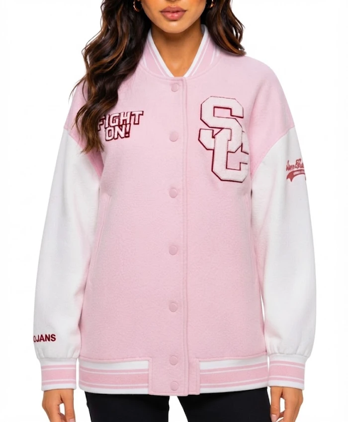 2026 Fanatics x LoveShackFancy Pink and White Southern California Fleece Varsity Jacket