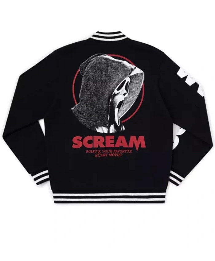 2026 Halloween Ghost Face x Scream Black Satin Varsity Jacket