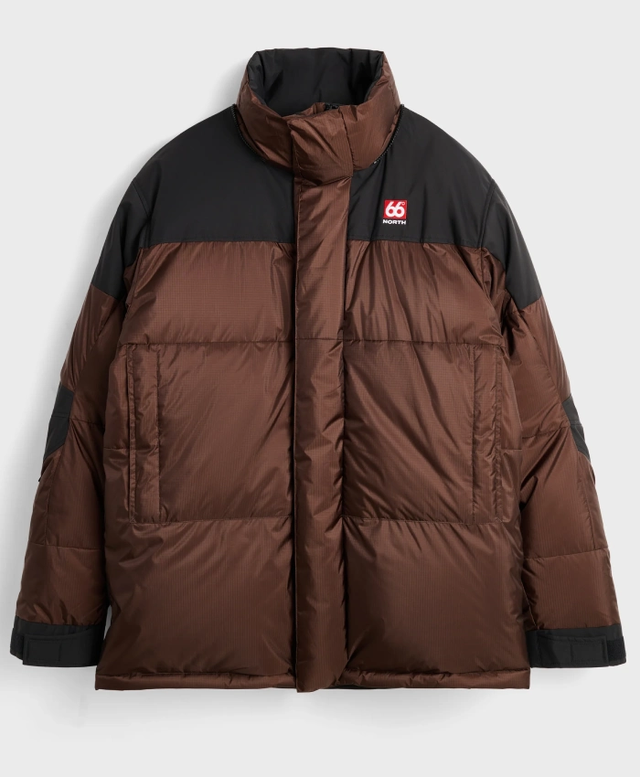 66 North Tindur Down Puffer Brown Hooded Jacket for Men and Women