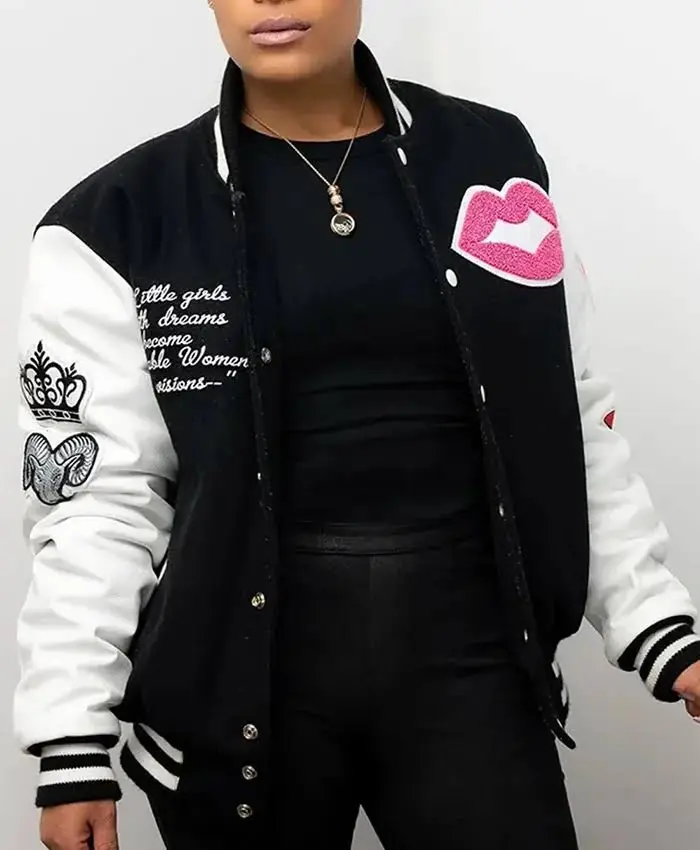 Adorable Woman Black And White Wool Varsity Jacket