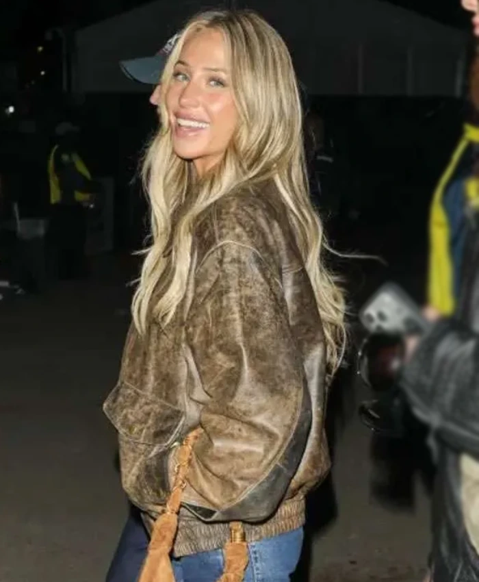 Alix Earle Super Bowl Stage During Halftime Show 2026 Brown Distressed Leather Jacket