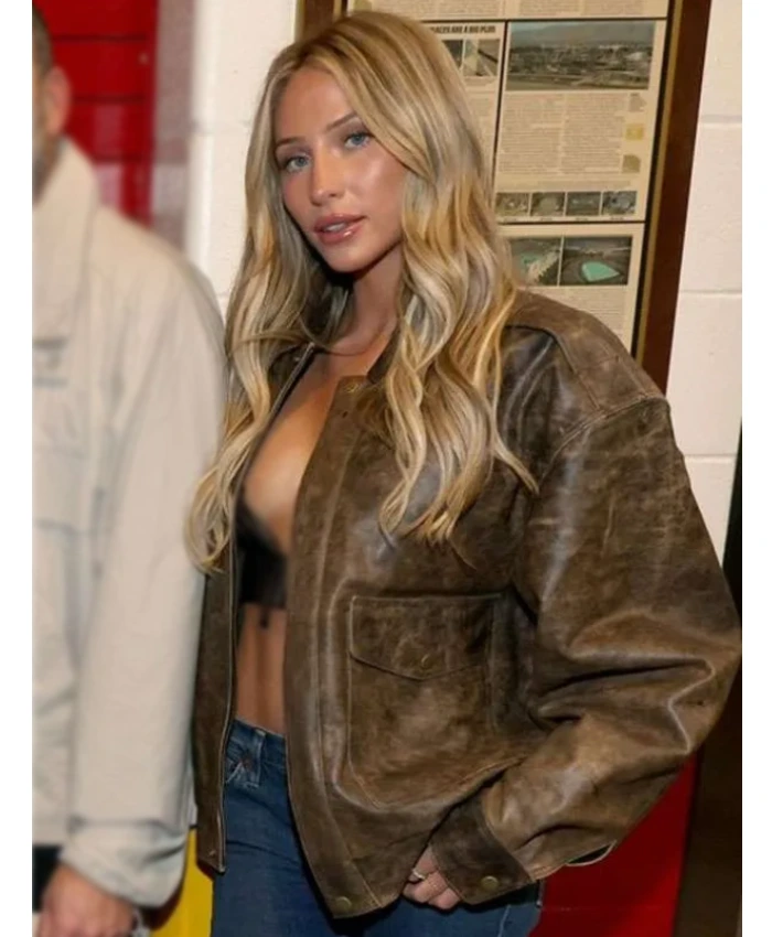 Alix Earle super bowl lx brunch 2026 leather jacket