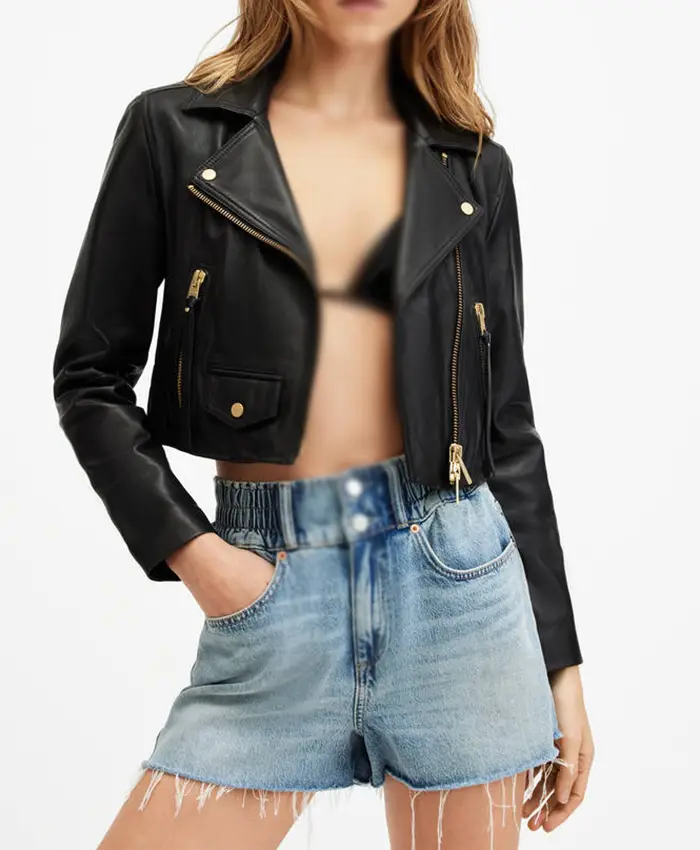 All Saints Elora Cropped Biker Leather Jacket