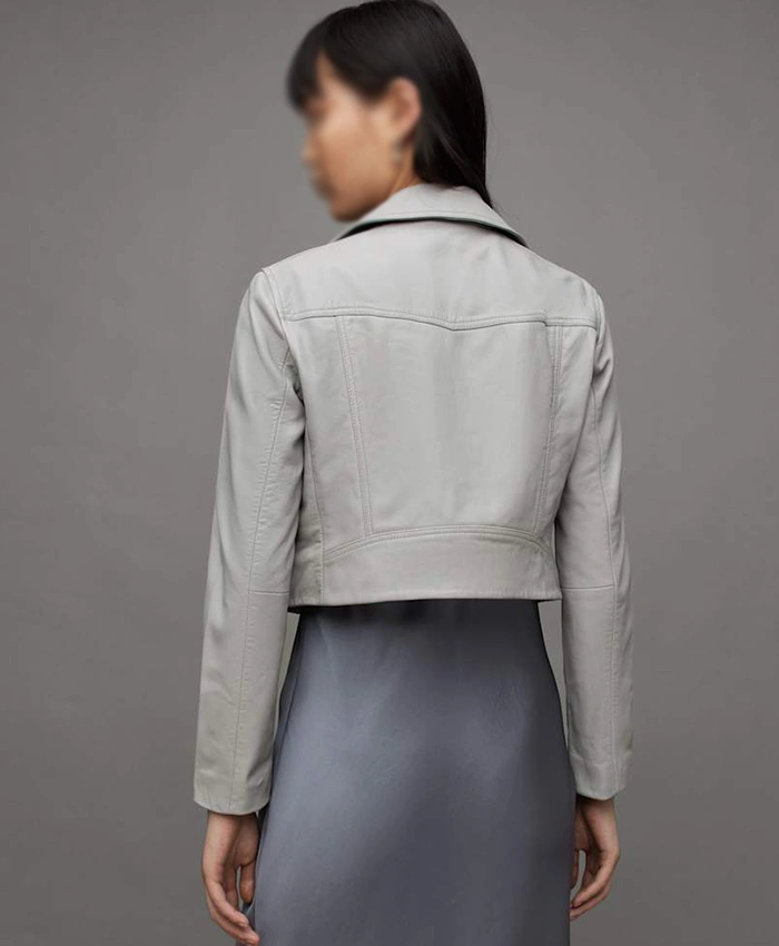 All Saints Elora Grey Cropped Biker Leather Jacket - Image 2