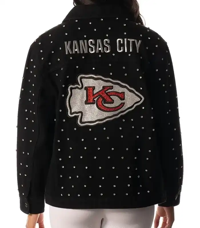 American Football Team Kansas City Chiefs Rhinestone Denim Trucker Black Jacket