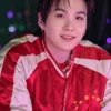 BTS ARIRANG World Tour Toronto Suga Red And White Satin Bomber Jacket