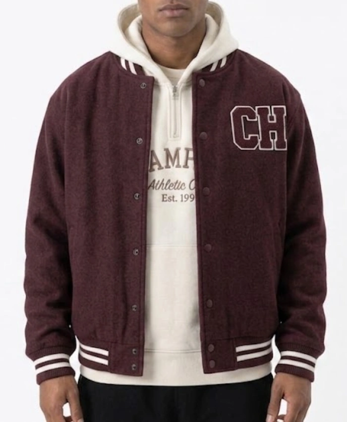 Champion global partnership V BTS Kim Burgundy Varsity Jacket