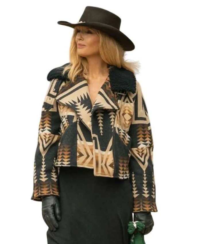Beth Dutton TV Series Dutton Ranch 2026 Kelly Reilly Fur Collar Aztec Wool Jacket