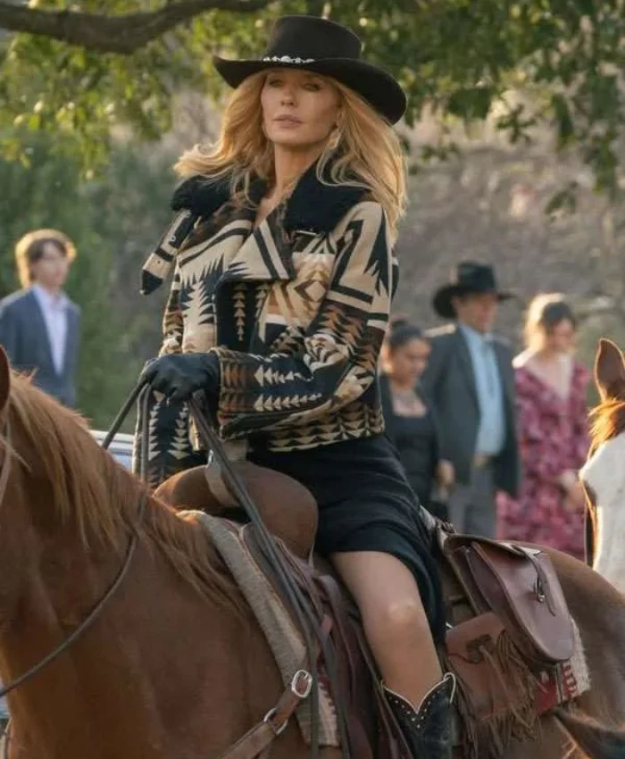 Beth Dutton TV Series Dutton Ranch Kelly Reilly Fur Collar Aztec Wool Print Jacket