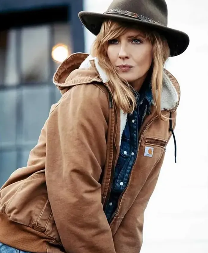 Beth Dutton Yellowstone Kelly Reilly Cotton Brown Bomber Fur Collar Jacket With Hood