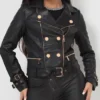 Black Belted Leather Jacket with Gold Button Detail