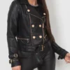 Black Belted Leather Jacket with Gold Button Detail On Sale