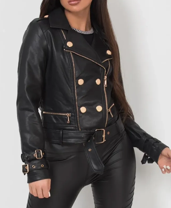 Black Belted Leather Jacket with Gold Button Detail On Sale