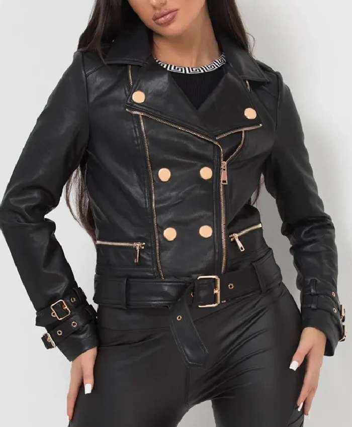 Black Belted Leather Jacket with Gold Button Detail