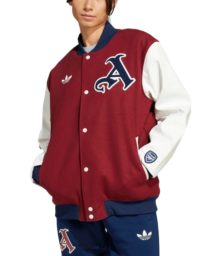 Buy Arsenal Adidas Red Wool with Leather Sleeves Varsity Jacket