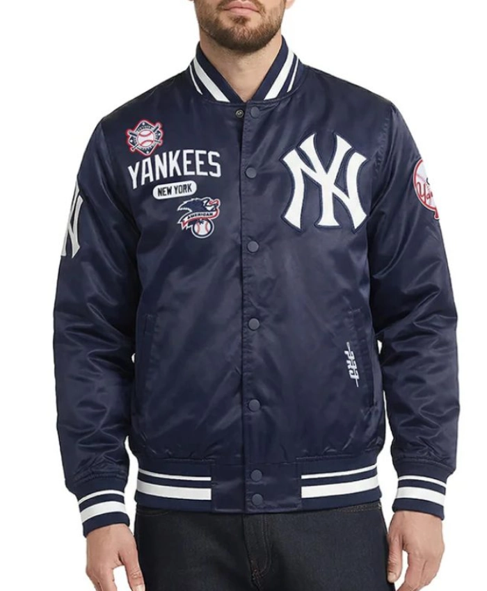 Buy New York Yankees Letterman Full Snap Navy Satin Jacket
