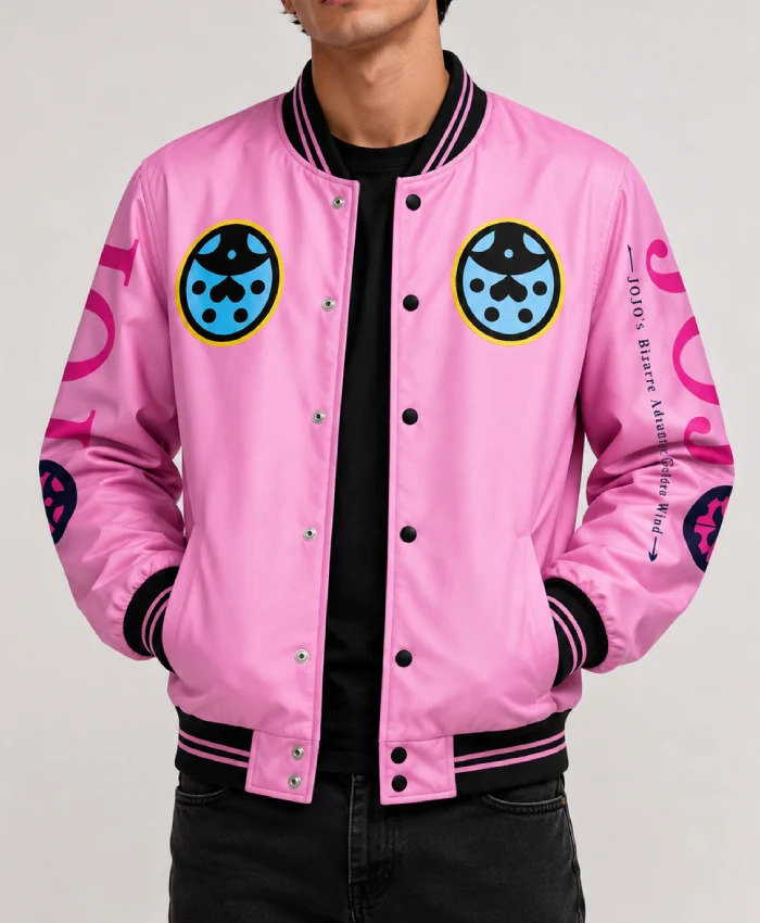 Buy Now JoJos Bizarre Adventure Giorno Giovanna Full Snap Pink Varsity Jacket