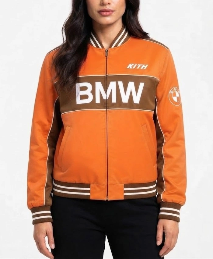 Buy Now Kith x Bmw Orange Zip Up Varsity Jacket For Sale