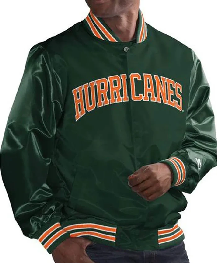Buy Now Starter Miami Hurricanes Bomber GreenOrange Satin Jacket