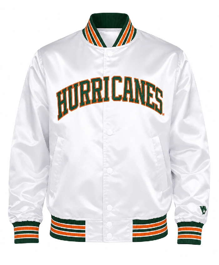 Buy Now Starter Miami Hurricanes Bomber White Satin Jacket