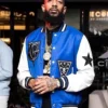 Buy Now VG Nipsey Hussle Blue and White Letterman Varsity Jacket