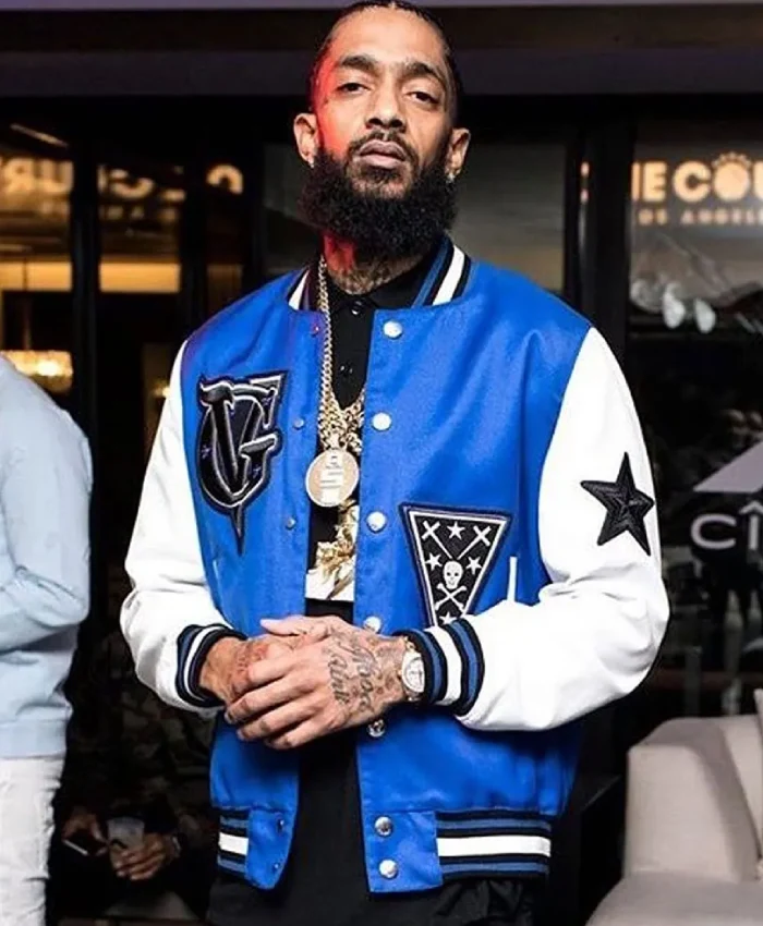 Buy Now VG Nipsey Hussle Blue and White Letterman Varsity Jacket