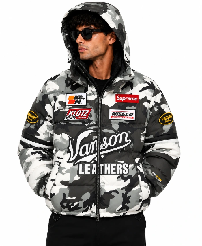 Supreme x Vanson Leathers Cordura Down Jacket in Snow Camo
