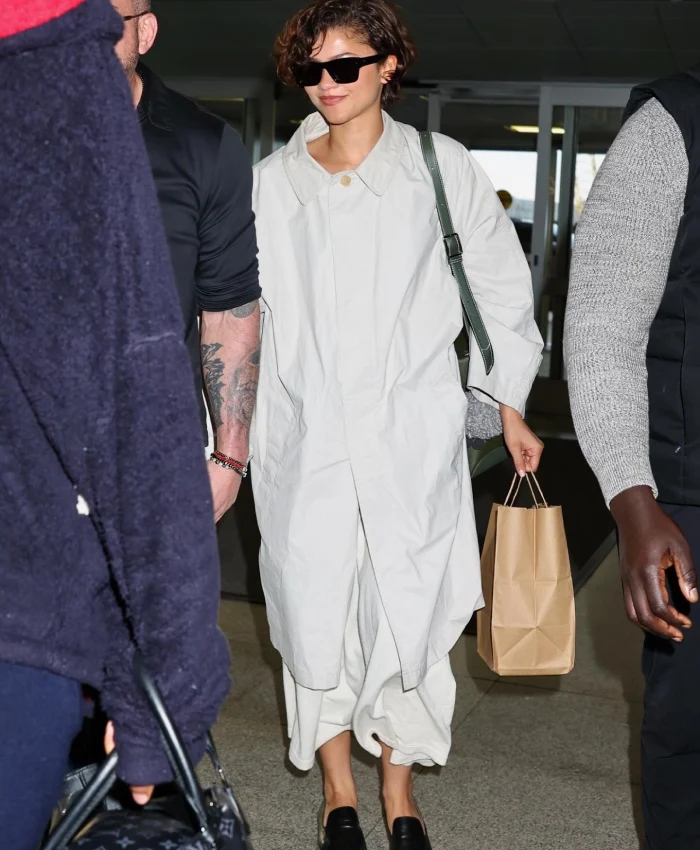 Buy Zendaya JFK International Airport NYC Light Grey Coat