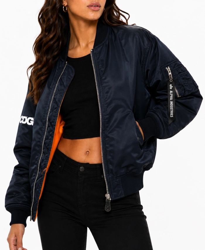 CDG and Alpha Industries MA-1 Oversized Navy Satin Bomber Jacket