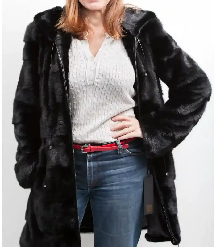 Carol Mink Fur Black Hooded Long Zipper Coat