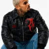 Chris Brown Auracles x Pelle Pelle Topography Black Leather Bomber Jacket On Sale