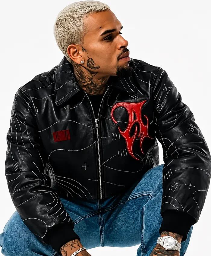 Chris Brown Auracles x Pelle Pelle Topography Black Leather Bomber Jacket On Sale