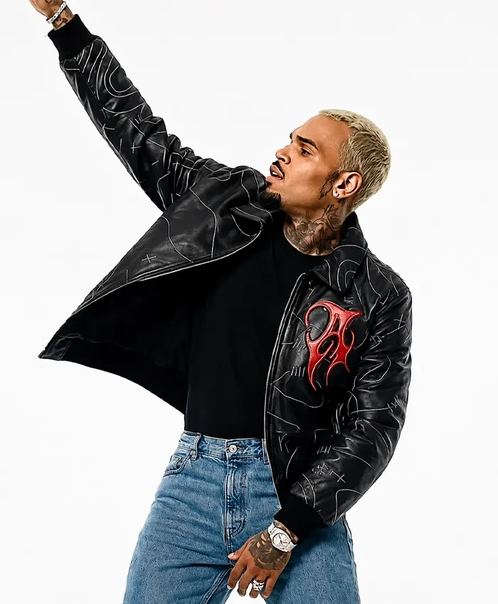 Chris Brown Auracles x Pelle Pelle Topography Black Leather Bomber Jacket Sale