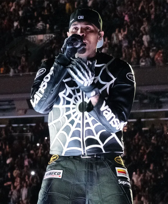 Chris Brown Vanson Leathers x Supreme Spider Man Jacket For Sale