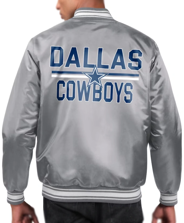 NFL Dallas Cowboys Starter Team Logo Printed Full Snap Grey Satin Jacket for Men