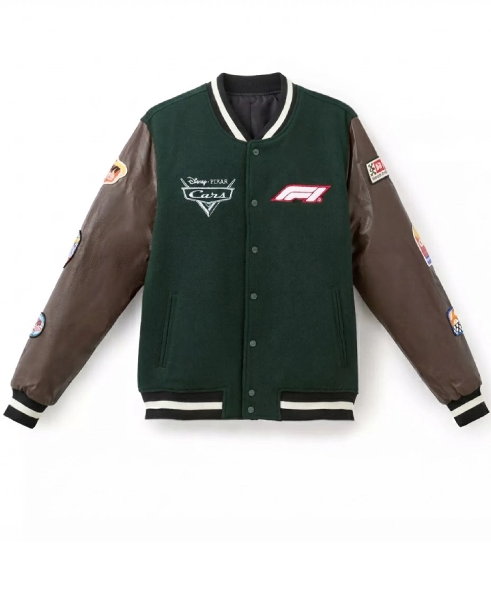 Disney x Formula 1 Lightning McQueen Wool with Leather Green and Brown Varsity Jacket